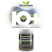 Feel Supreme - Super Greens Powder with Mushroom - 35 Nutrient Dense Organic Superfoods, no Added Sugar - High in Fibre, Protein, Vitamin C, Spirulina - Greens Supplement, Mushroom Powder - 300g
