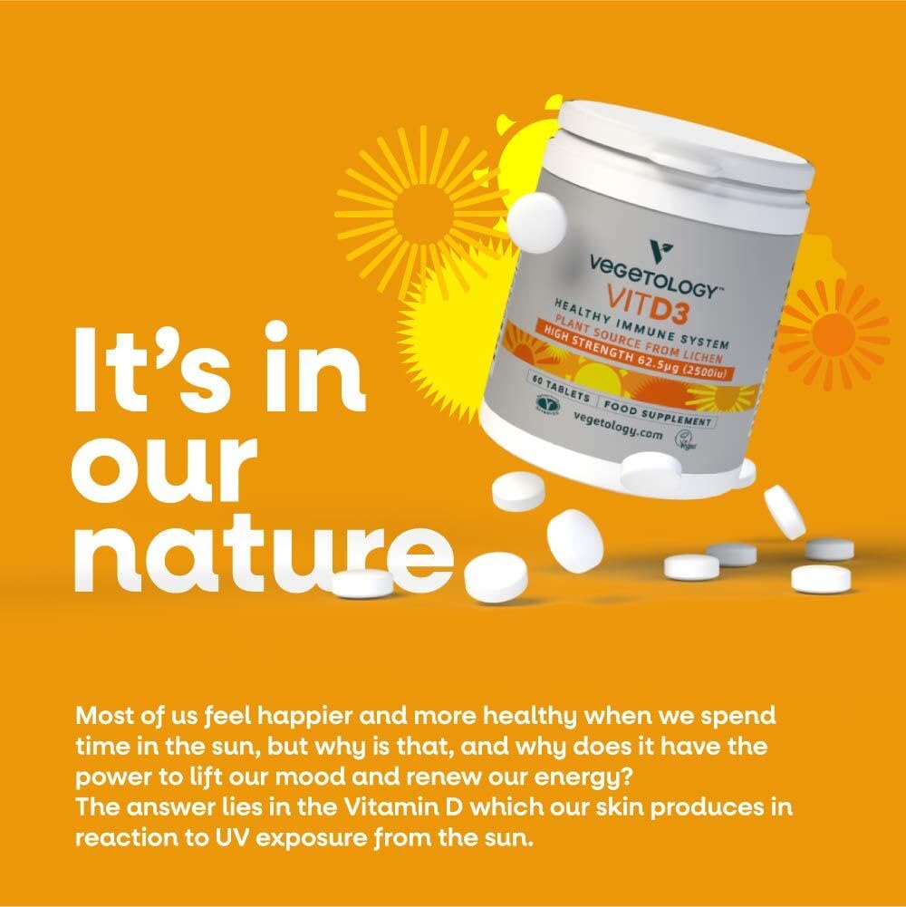 Vegetology Vegan Vitamin D3 2500iu Chewable Tablets - Vegan and Vegetarian Society Registered Vitamin D - 60 Days Supply