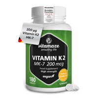 Vitamaze - amazing life Vitamin K2 MK-7 200 mcg Vegan & High Strength Menaquinone, 180 Tablets for 6 Months, German Quality, Natural & Organic Supplement Without Additives