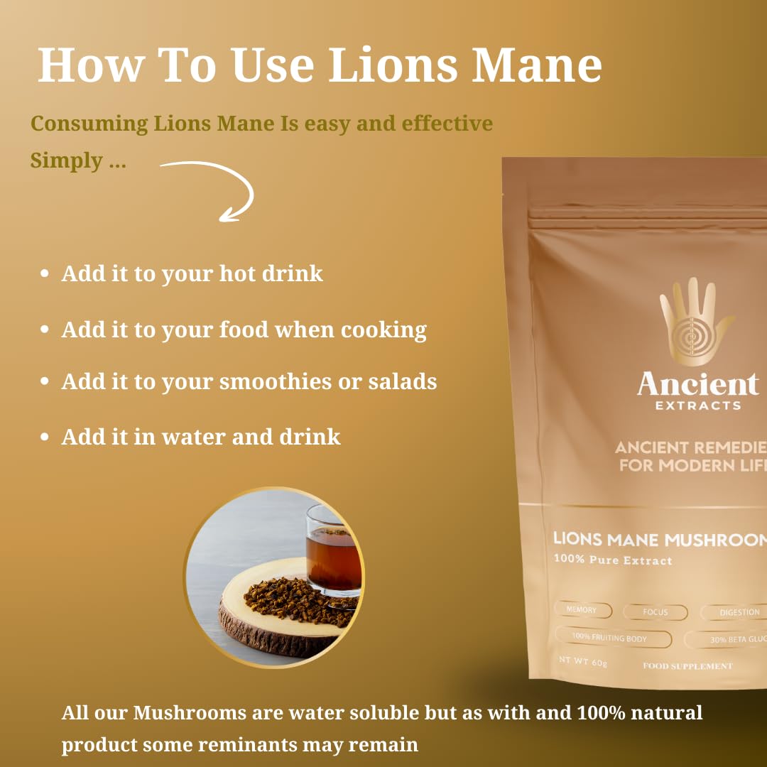 Ancient Extracts Lions Mane Mushroom Extract Powder - 2000mg Servings - GMO Free, Gluten Free, Vegan - Cognitive Function, Focus, Digestive Support - Superfood, Nootropic (60g)