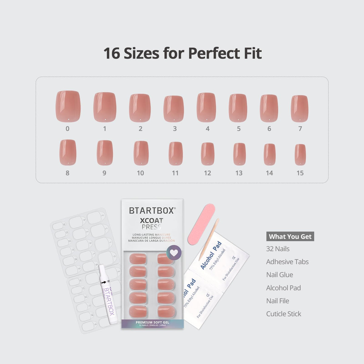 BTArtbox Short Press On Nails - Nude Square False Nails with Glue, Reusable Stick On Nails for Women in 16 Sizes, 32 Pcs Fake Nail Kit, Cinnamon