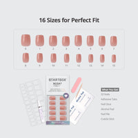 BTArtbox Short Press On Nails - Nude Square False Nails with Glue, Reusable Stick On Nails for Women in 16 Sizes, 32 Pcs Fake Nail Kit, Cinnamon