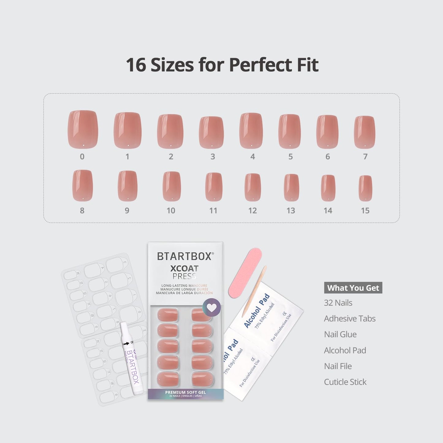 BTArtbox Short Press On Nails - Nude Square False Nails with Glue, Reusable Stick On Nails for Women in 16 Sizes, 32 Pcs Fake Nail Kit, Cinnamon