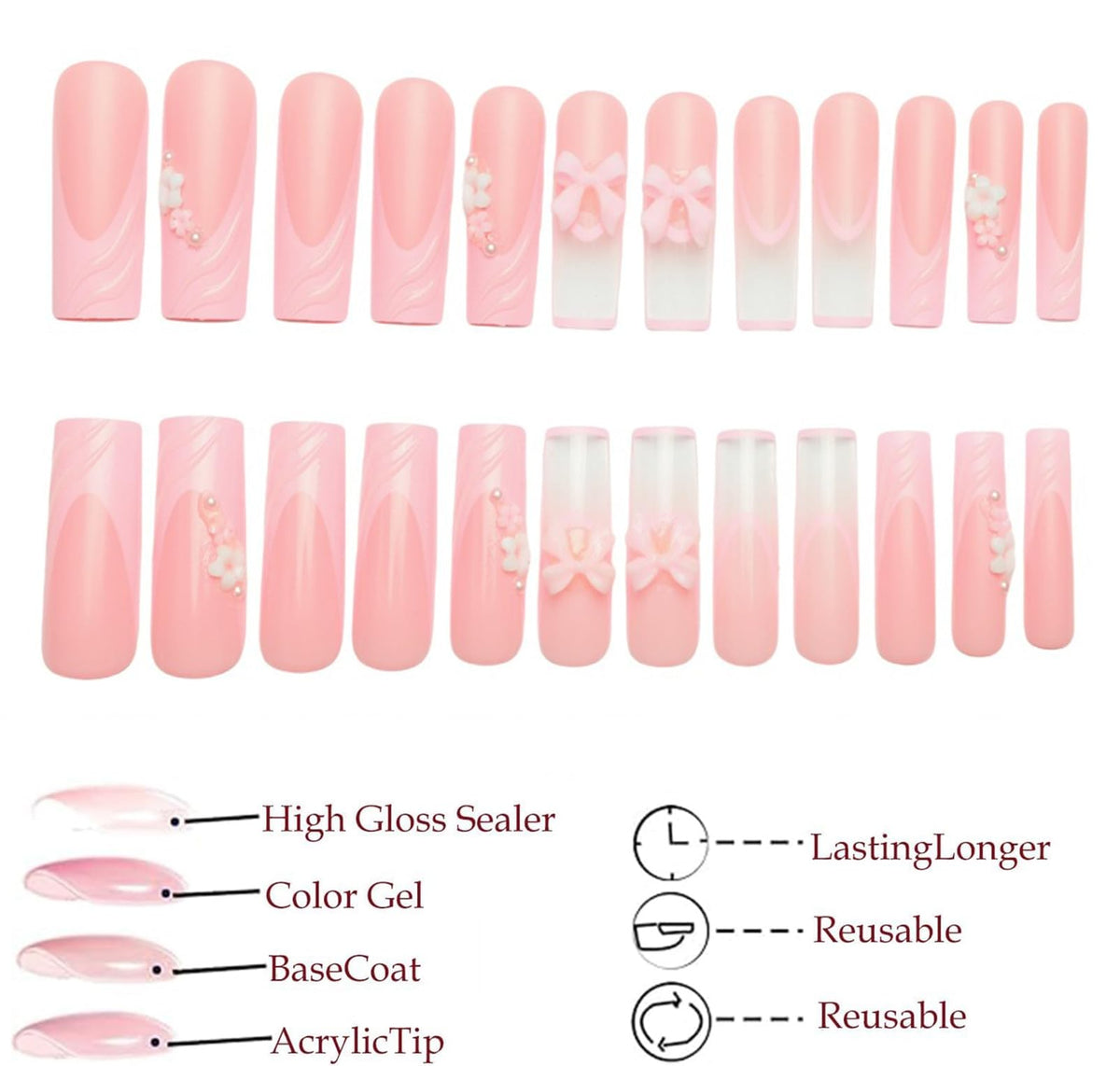 Generic Pink Press On Nails with 3D Bows & Flowers – 24PCS Long Coffin French Tips, Reusable Acrylic False Nails with Rhinestones for DIY Nail Art