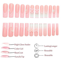 Generic Pink Press On Nails with 3D Bows & Flowers – 24PCS Long Coffin French Tips, Reusable Acrylic False Nails with Rhinestones for DIY Nail Art