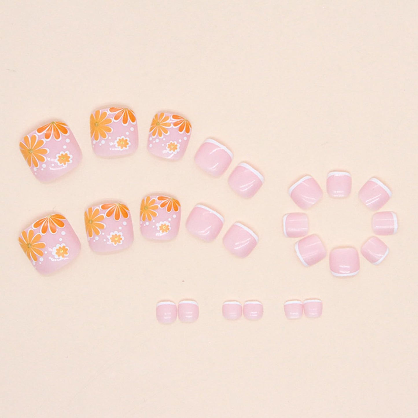Ceboic 24Pcs Press on Toenails Short Square, 12 Sizes French Nude Pink Stick on Toenails, Full Cover False Toe Nails with Yellow Flowers Design, Artificial Natural Fake Toe Nails for Women and Girls