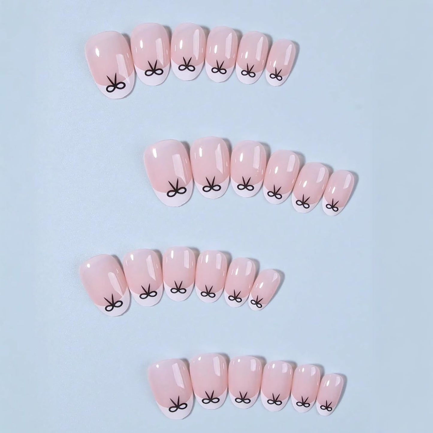 NLFOX 24pcs Short False Nails with Glue - French Tip Press on Nails Almond - Black Bow-Tie Stick on nails French Tip - Nude Fake Nails Glue on - Elegant Almond nail Tips Full Cover for Women Girls Long Last