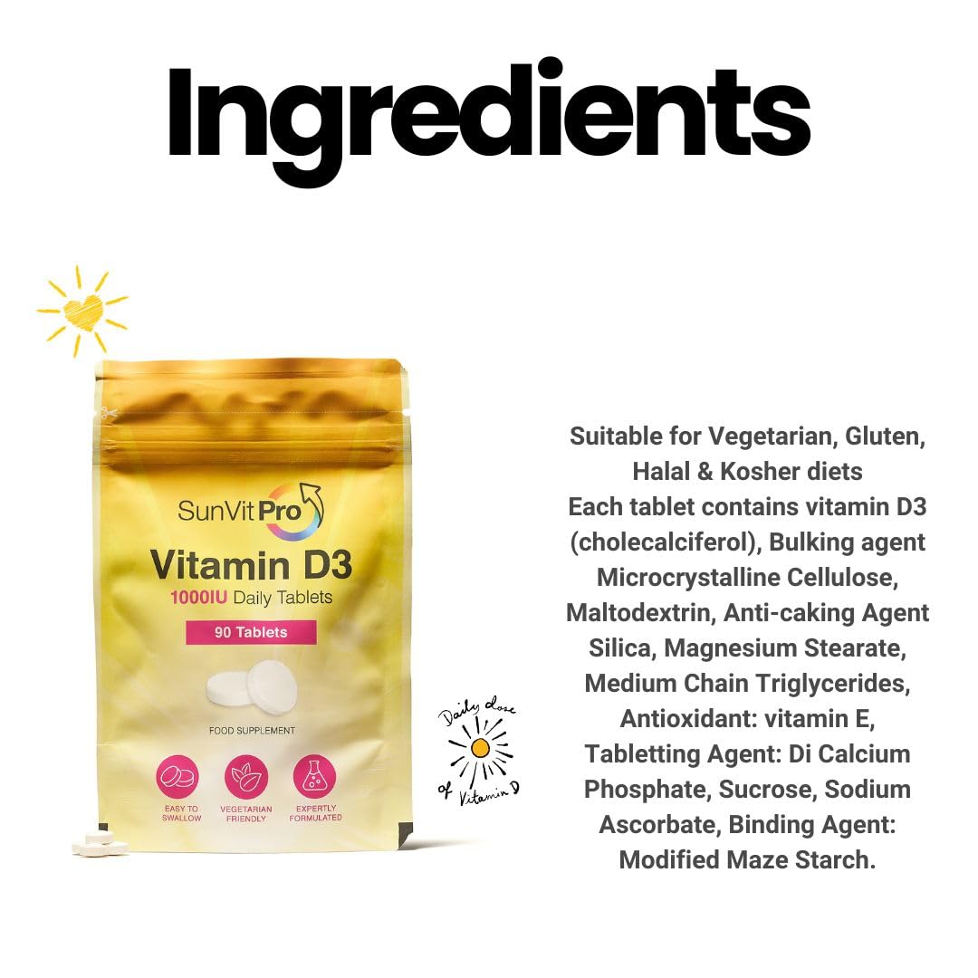 SunVit-D3 Vitamin D 1000IU - Cholecalciferol Vitamin D Tablets 1000IU Support the Maintenance of Bone, Teeth, Muscle & Immune System | UK Made, GMP Approved, Dairy & Gluten free D3 Vitamins 90 Tablets