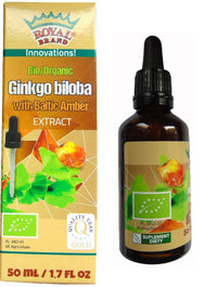 Royal Brand Ginkgo Biloba Organic Extract with Amber Organic Extract/Ginkgo Biloba with Baltic Amber Organic /50 ml/Elixir of Youth, Supports the Body and the Brain/brochure About Amber for Free.