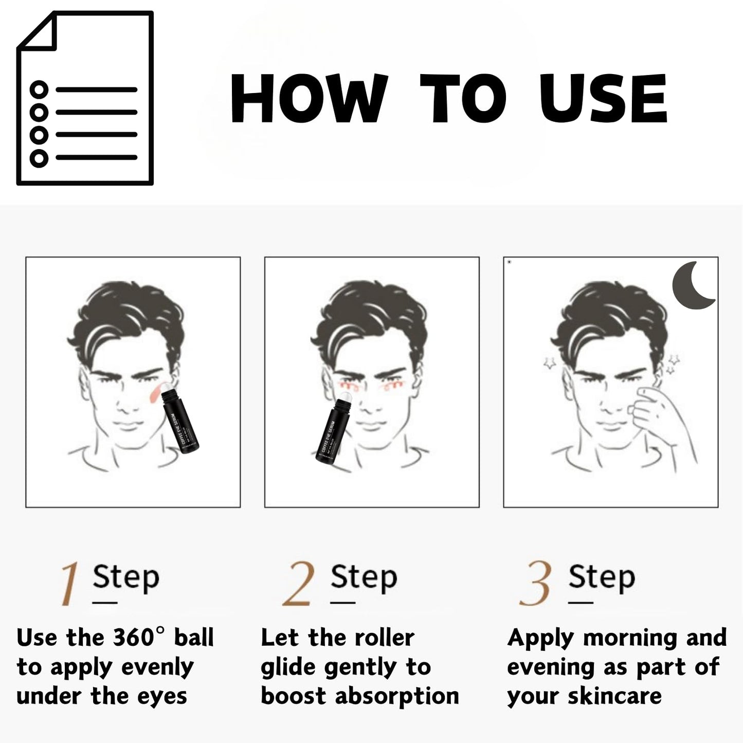 Caffeine Eye Serum for Men, Eye Roller for Dark Circles and Puffiness, Hydrating Eye Cream Anti Aging with 360° Massage Ball, Reduces Fine Lines & Wrinkles, Removes Eye Bags, Men Skincare, 10ml