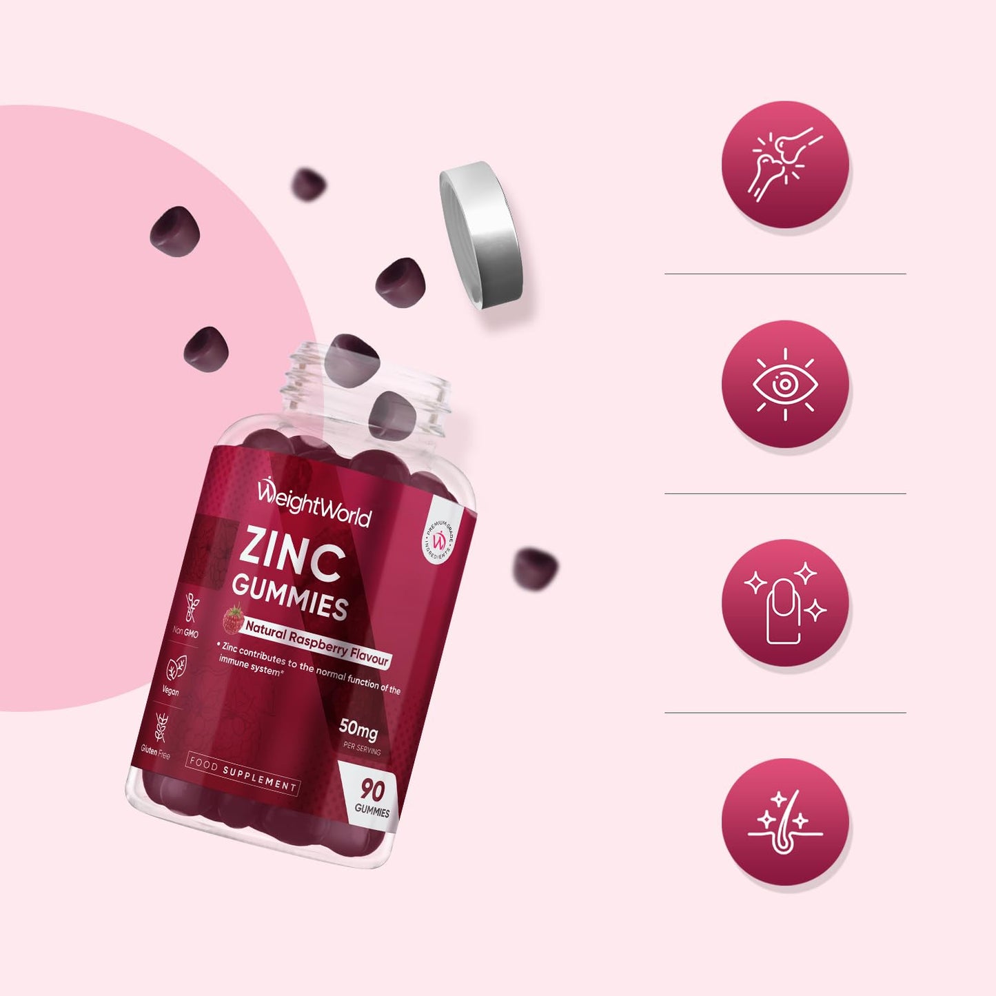 WeightWorld Zinc Citrate Gummies 50mg - 45 Days Supply - 90 Gummies - Zinc Supplement for Men & Women - Easy to Chew - Natural Raspberry Flavour - Vegan, Non-GMO & Magnesium Stearate-Free