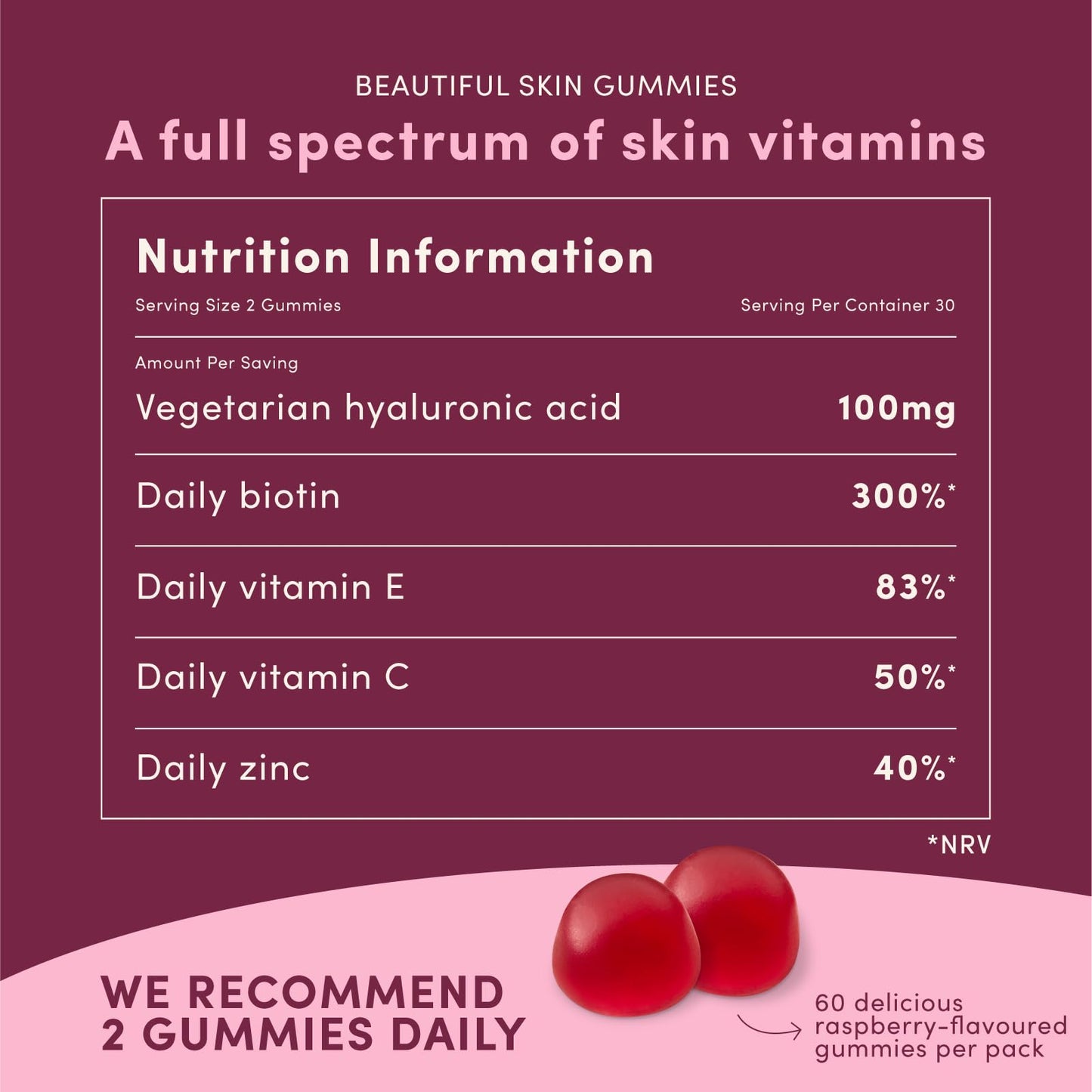 Nature's Bounty Beautiful Skin Gummies - Pack of 60 Gummies, 30 Day Supply - Including Zinc, Vitamins C and E, Biotin and Hyaluronic Acid - Support Your Beauty Routine