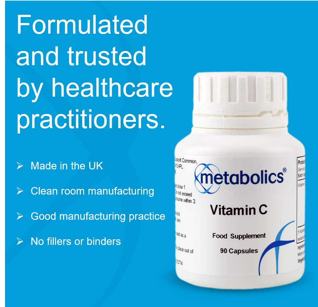 Vitamin C Capsules by Metabolics | 500mg Vitamin C Per Capsule Providing 625% NRV | Pot of 90 Capsules Suitable for Vegans & Vegetarians- No Additives or Flowing Agents