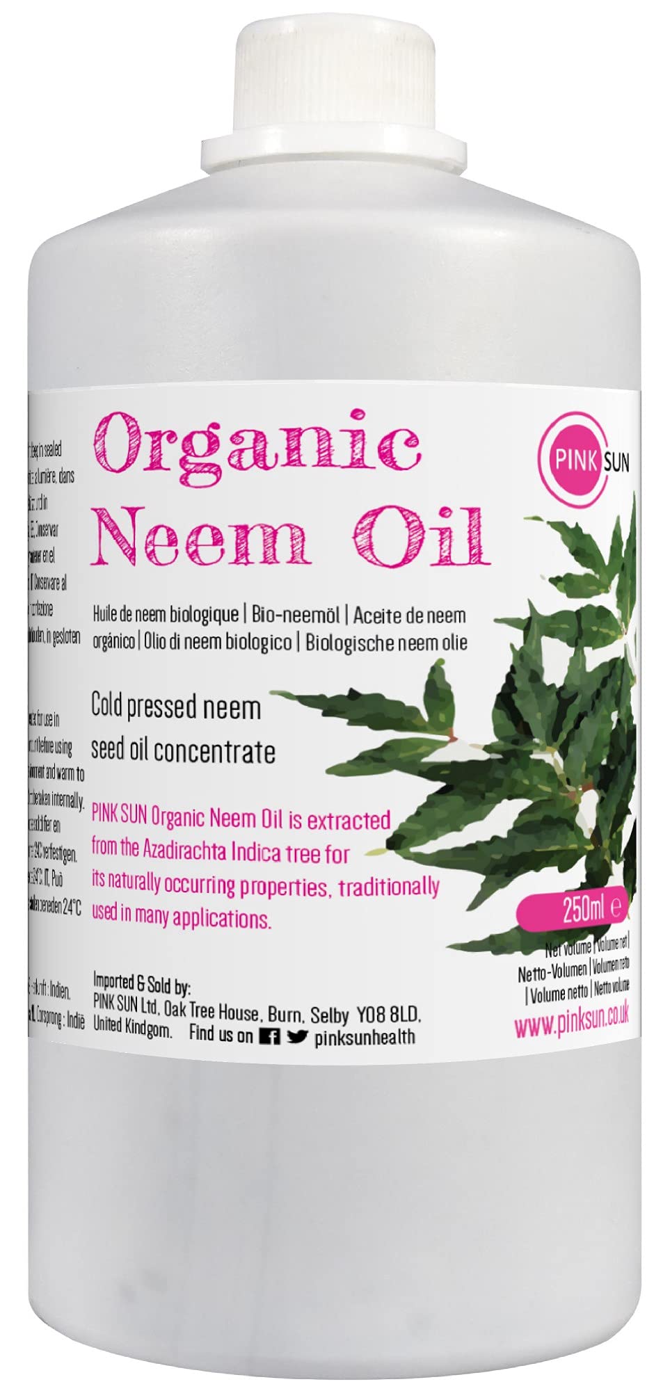 Pure Organic Neem Oil 250ml (or Select 1 Litre) Cold Pressed Unrefined Virgin Concentrate - Natural for Plants and Pets Horses Dogs Skin and Hair Care PINK SUN