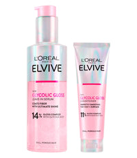 L'OREAL PARIS L'Oréal Paris Elvive Glycolic Gloss Hair Set Elseve with Glycolic Acid Leave-In Serum Porous and Dull Hair Long-lasting Smooth 150ml + Conditioner Fills and Seals Hair Fibres 150ml - 2 Bottles