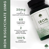 Iron Bisglycinate 20mg - Chelated for Better Absorption - with Vitamin C - 60 Vegan Capsules - Non-GMO, Made in The UK by G&G Vitamins