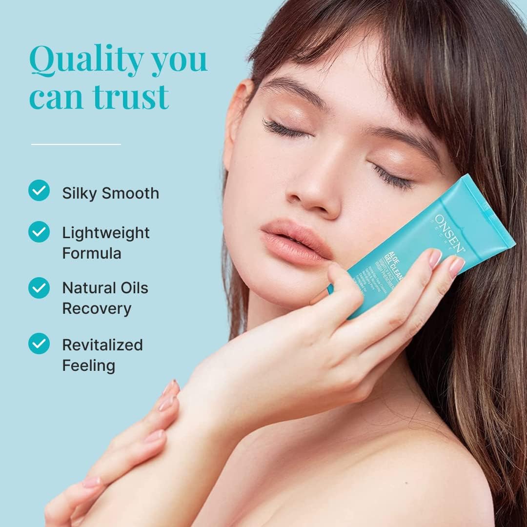 Onsen Japanese Natural Face Wash - Premium Hydrating Aloe Vera Face Wash - Daily Night Travel Facial Cleanser for Makeup Removal and Dry Skin with Added Hyaluronic Acid & Vitamins - 2 Pack 75ml