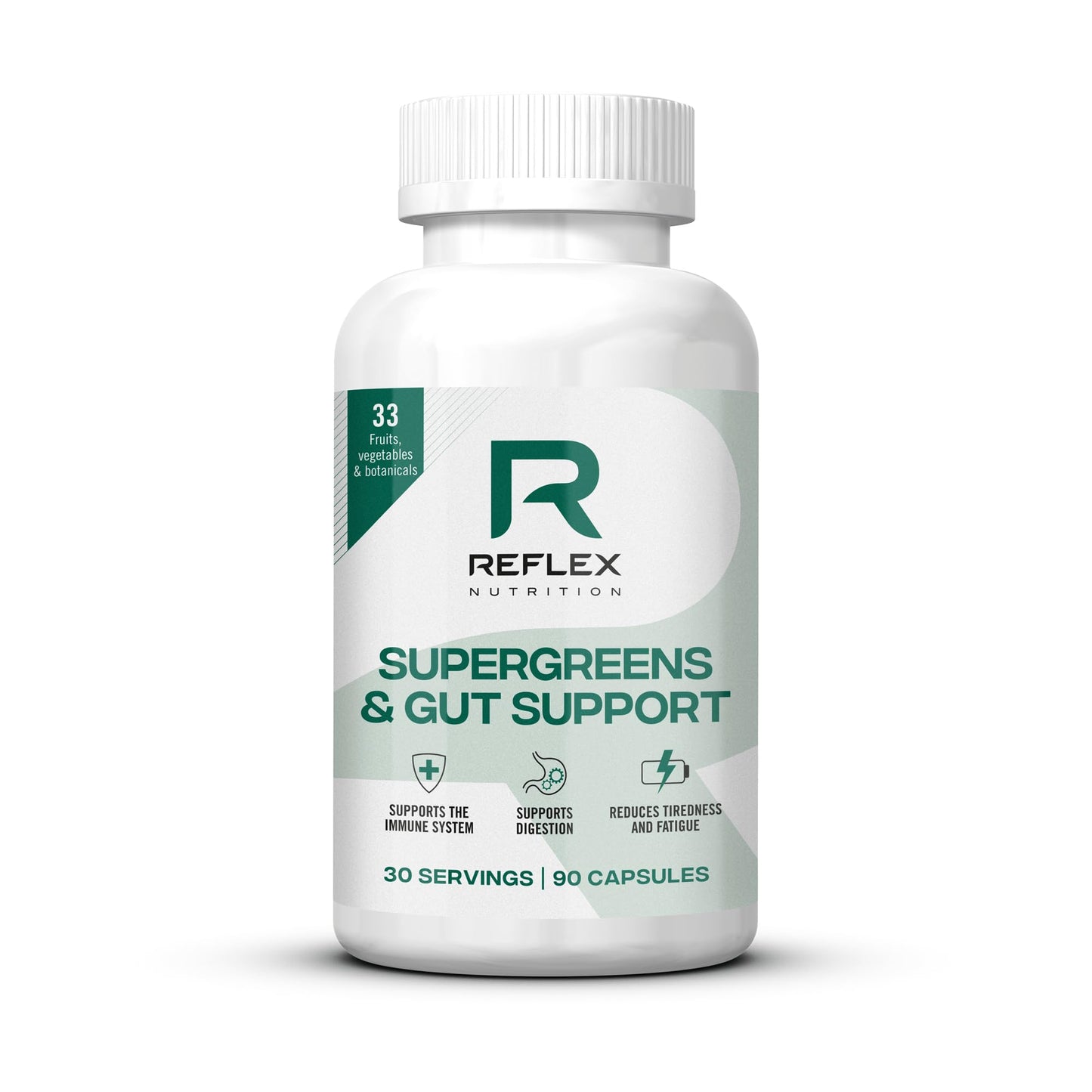 Reflex Nutrition Reflex Nutition Supergreens & Gut Support - 33 Active Ingredients - Prebiotics, Probiotics, Vitamins & Minerals - Immune Support, Reduce Fatigue & Bloating - Vegan Gut Health Supplement (90 Capsules)