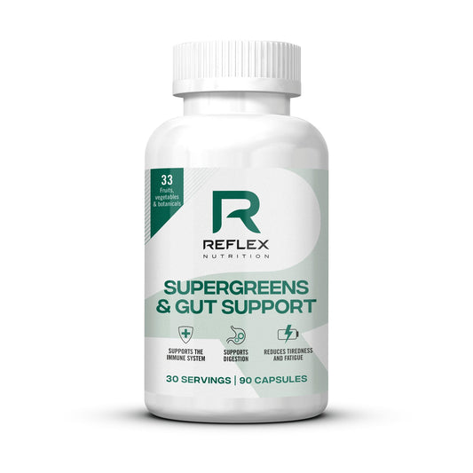 Reflex Nutrition Reflex Nutition Supergreens & Gut Support - 33 Active Ingredients - Prebiotics, Probiotics, Vitamins & Minerals - Immune Support, Reduce Fatigue & Bloating - Vegan Gut Health Supplement (90 Capsules)