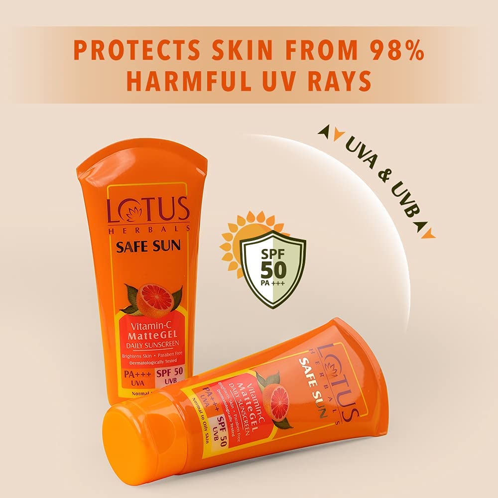 Lotus Herbals Safe Sun Vitamin C Matte Gel Daily Sunscreen | SPF 50 | PA+++ | Paraben Free | Dermatologically Tested | Anti Pollution | Normal/Oily Skin | 100g