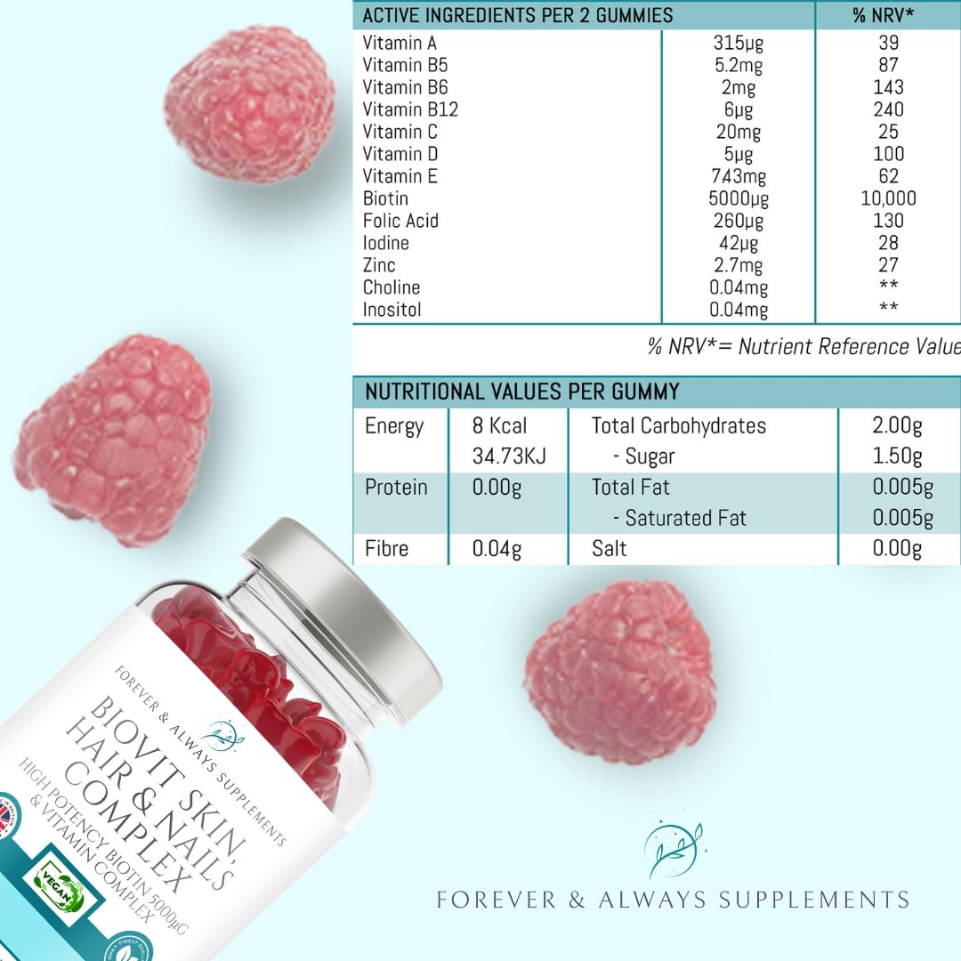 Forever & Always Supplements Biotin Hair Skin & Nails Gummies, 60 Vegan Raspberry Flavoured Biotin Hair Growth Gummies, high Strength 5000μg Hair Vitamins & Minerals, Nail & Skin Supplement
