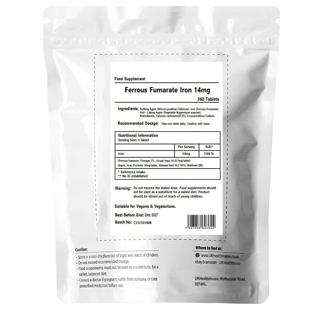 UKHealthHouse Ferrous Fumarate Iron Tablets 14mg Blood Cells Energy Anaemia Tiredness Pregnancy High Strength General Health & Well Being Supplement Vegan (120)