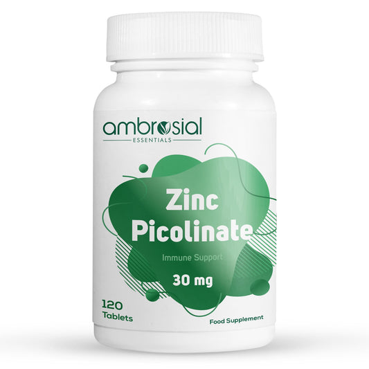AMBROSIAL Ambrosial Zinc Picolinate 30mg Tablets - High Strength Zinc Supplements for Immune Support - Gluten Free Zinc Mineral Supplement for Skin, Hair, Nails, Bones & Zinc for Acne - 120 Zinc Tablets