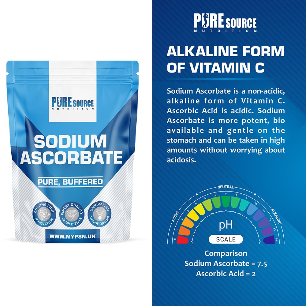 Pure Source Nutrition Pure Sodium Ascorbate Food Buffered Vitamin C L Ascorbic Acid Powder Food Grade 250g Vegan Supplements