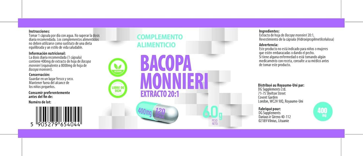 Hepatica Bacopa Monnieri (Brahmi) 8,000mg Equivalent | 400mg 20:1 Leaf Extract | 120 Vegan Capsules | Ayurvedic Herb | 3rd Party Lab Tested
