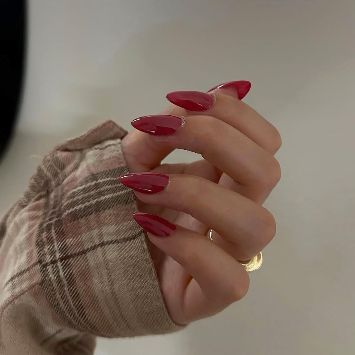 Christmas Red Press on Nails Short Almond Shaped, SXVME 30 Pcs Thick Short Fake Nails Press on Natural Acrylic False Nails Custom Solid Color Glue on Nails Medium Natural Fit Stick on Nails For Women