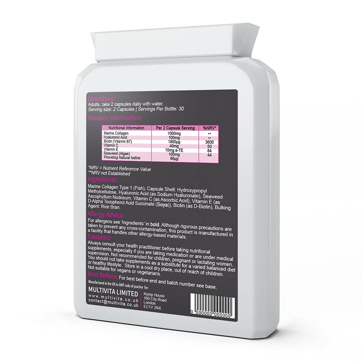 Multivita Complete Collagen Plus+ 1000mg - 60 Capsules - Hyaluronic Acid, Biotin, Vitamin C, E, Iodine + More