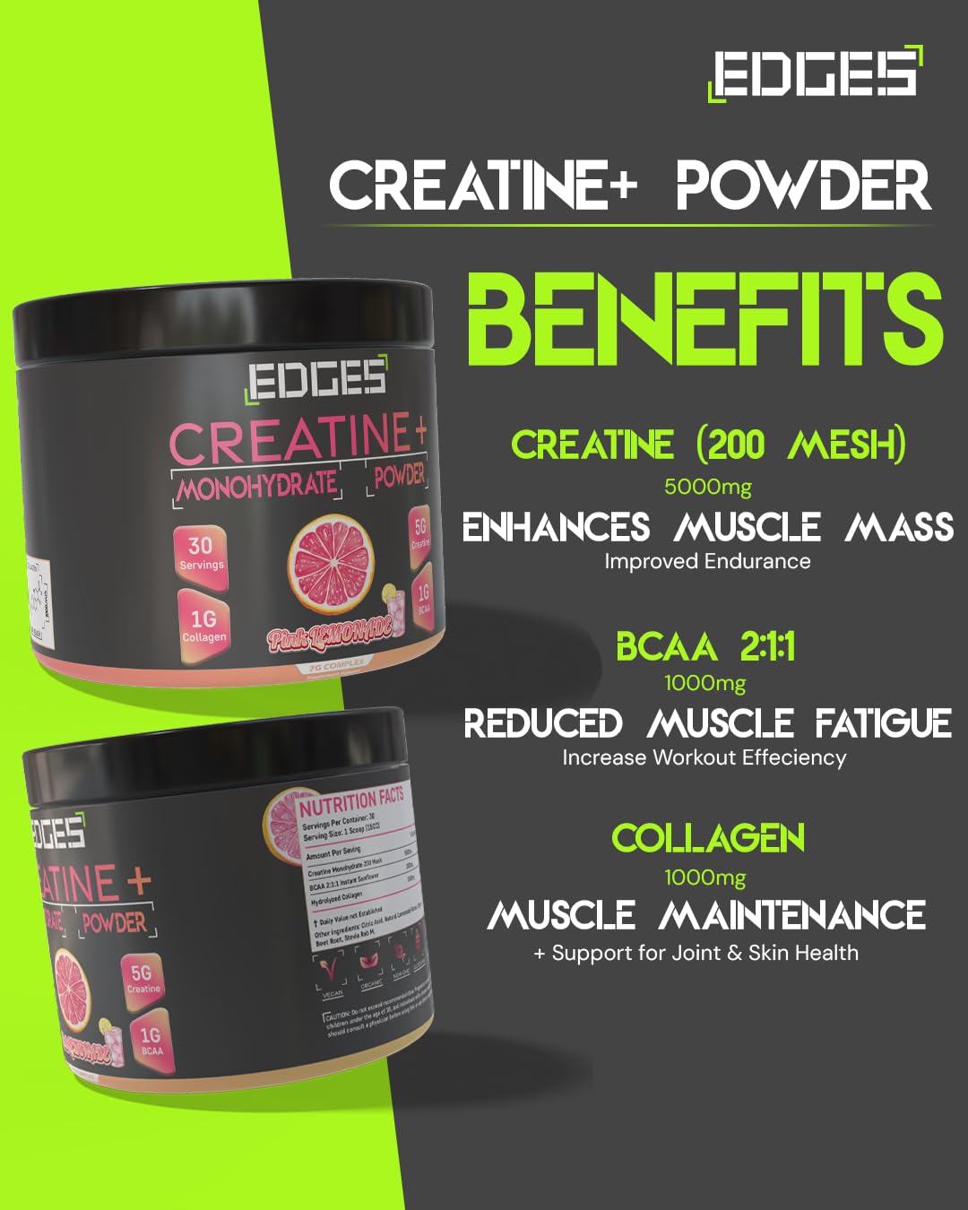 Edges Creatine+ | 5g Creatine (200 Mesh) | 1g BCAAs | 1g Collagen | Creatine Monohydrate Powder - Pink Lemonade Flavoured Creatine - Boost Muscle Performance - 30 Servings (272g, Pink Lemonade)