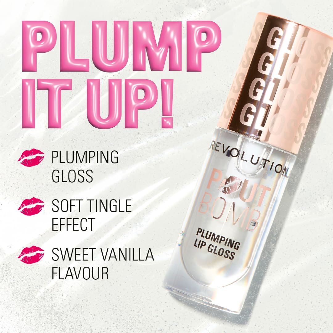 Revolution Beauty London Pout Bomb Plumping Gloss, High Shine, Rich Pigment, Soft Tingle Effect, Glaze Clear