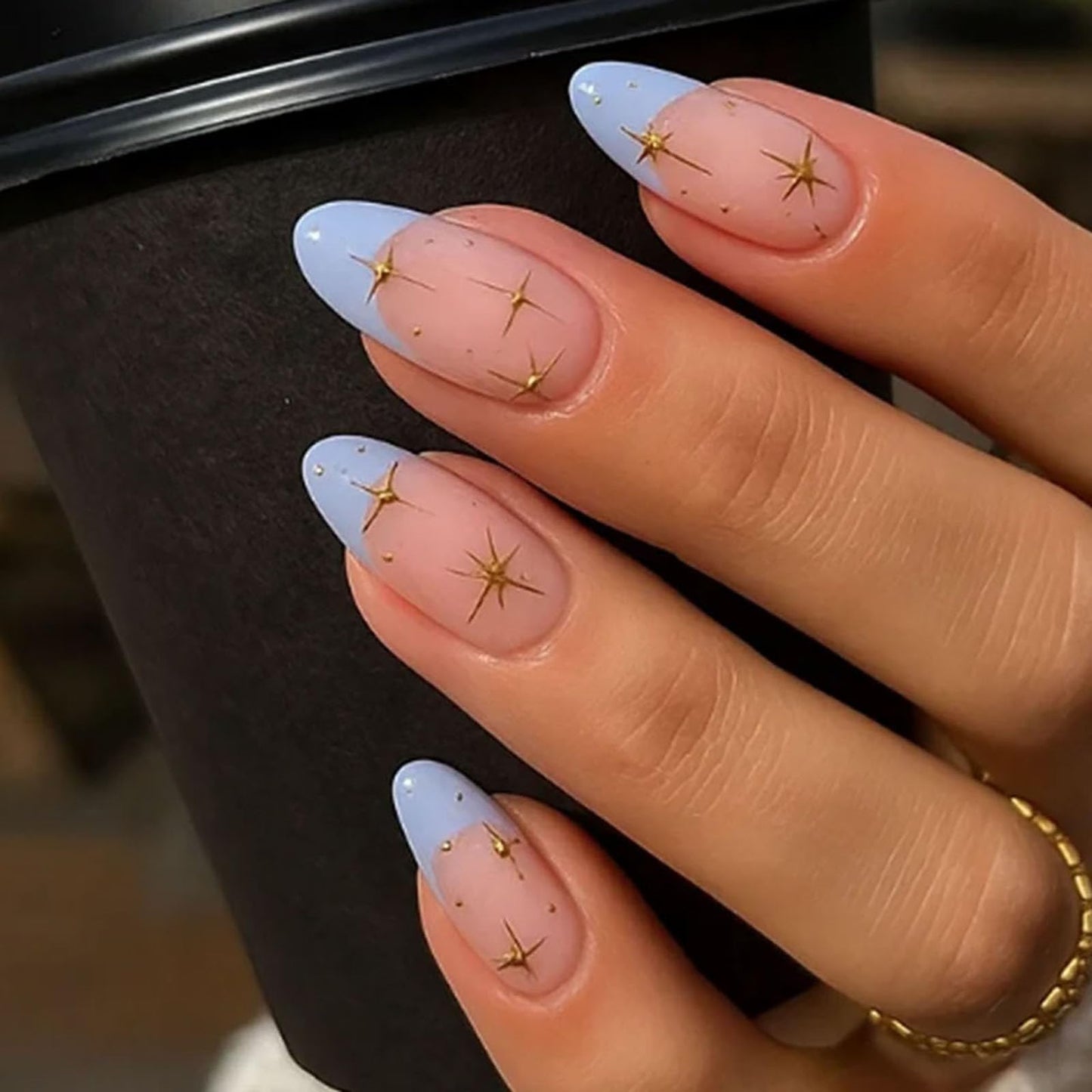 Generic Twilight Sky Lavender French Almond Nail Tips With Gold Star Accents - Short Glossy High-Shine Artificial Manicure Set For Elegant Women Includes Application Tools, Premium Acrylic False Nails