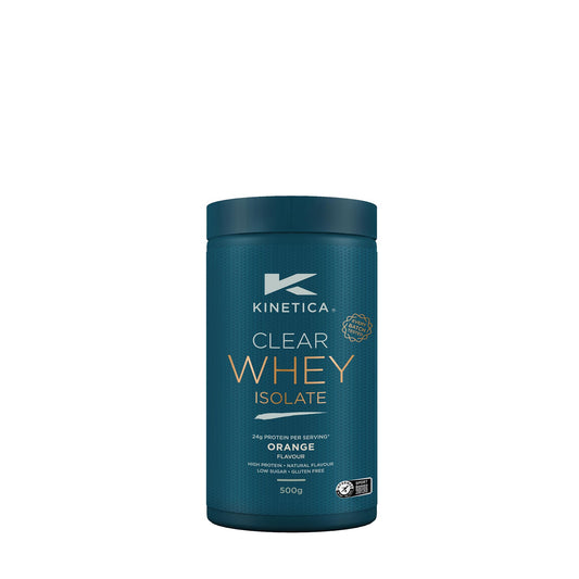 Kinetica Clear Whey Isolate | 500g | 24g Protein per serve | Naturally occuring Amino Acid Profile | 15 servings | Orange Flavour