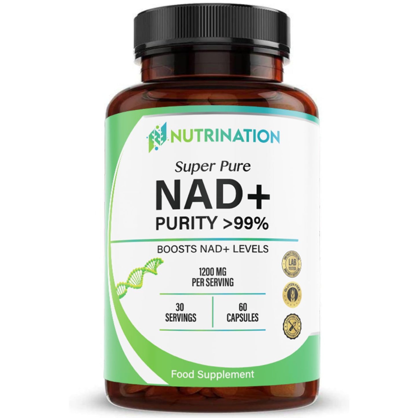 NUTRINATION NAD Supplements UK 1200mg | Super Pure 99.5% Nicotinamide Adenine Dinucleotide | 60 High-Strength Capsules | NAD+ Supplement for Anti-Aging, Boost Energy Levels & Cellular Health | Vegan & Non-GMO