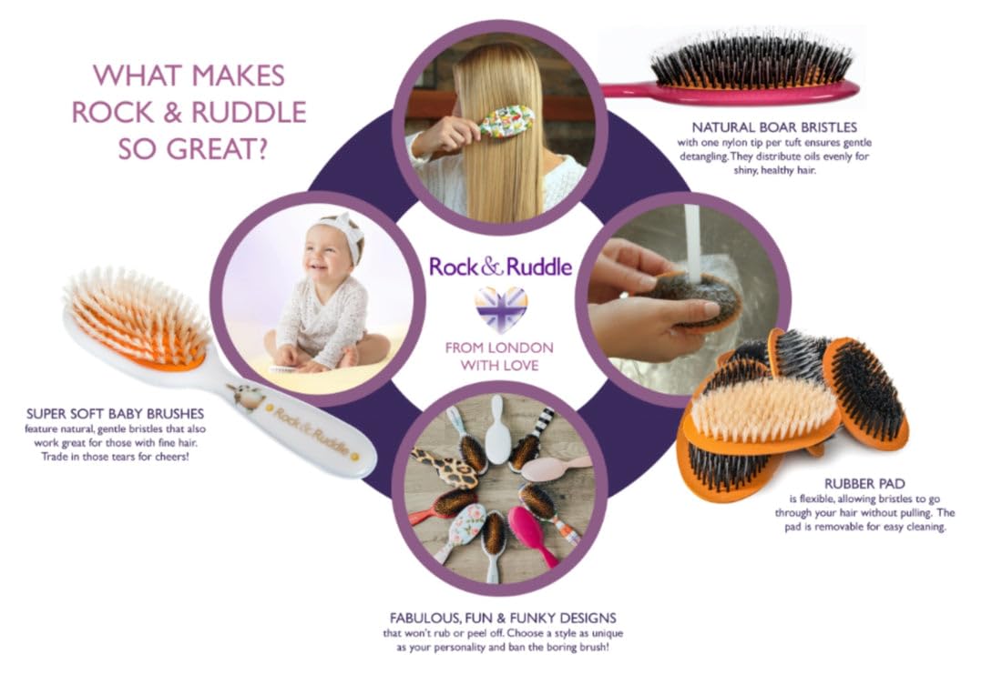 Rock & Ruddle Natural Mixed Boar Bristle Hair Brush for Women and Kids (Small/Travel Size, 17.5cm) - Perfect for Wet or Dry Hair, Detangling Smoothing Blowdrying - Made in UK - Darling Dogs