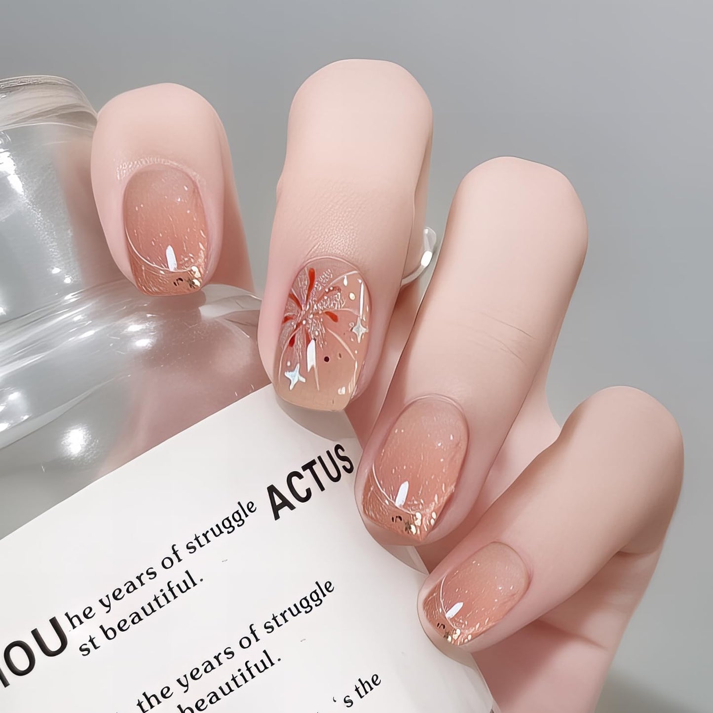 DMQ French False Nails,24PCS Short Almond Pale Pink Nails Tips,Blush Firework French Fake Nails,Acrylic Full Cover False Nails with Jelly Glue for Women Nail Art (Pale Pink, One Size)