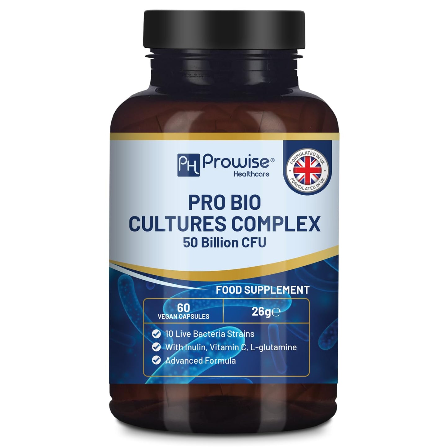 Bio Cultures Complex Probiotics and Prebiotics - 50 Billion CFU - 10 Live Bacteria Strains – Added with Inulin, L-Glutamine & Vitamin C - 60 Capsules | Advanced Probiotic for Women & Men by Prowise