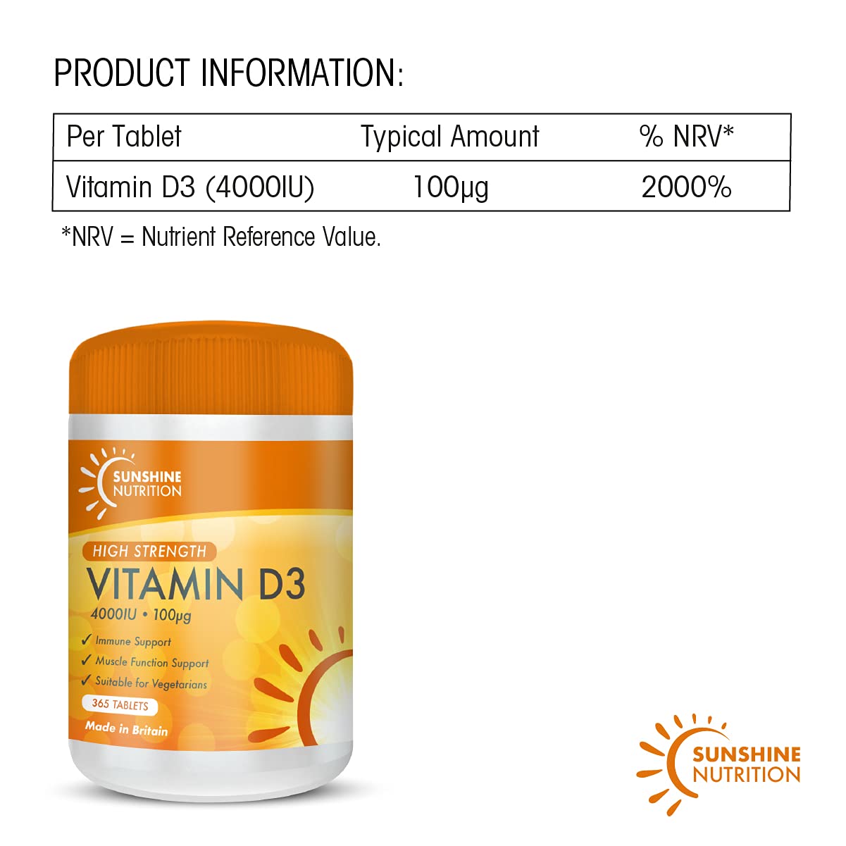 Vitamin D3 Tablets - Maximum High Strength D3 4000IU - One a Day - 365 Days Supply, Easy to Swallow (Adults D3 Tablets) by Sunshine Nutrition. Made in UK.