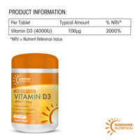 Vitamin D3 Tablets - Maximum High Strength D3 4000IU - One a Day - 365 Days Supply, Easy to Swallow (Adults D3 Tablets) by Sunshine Nutrition. Made in UK.