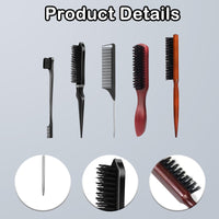 BPTZYLN 5 Pcs Slick Back Hair Brush Set - Smoothing Boar Bristle Brush for Hair and Beard - Backcombing and Sleek Styling