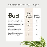 Bud Vegan Omega 3 Supplements - High-Strength DHA EPA & DPA - Premium Plant-Based Algae Oil Omega 3 - Omega Supports Brain, Eye & Heart Health - 60 Omega 3 Vegan Capsules (1 Month Supply)