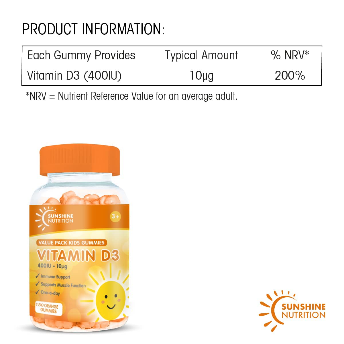 Kids Vitamin D Gummies by Sunshine Nutrition - Vitamin D3 400IU Orange Flavour Gummy (180 Count)
