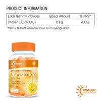Kids Vitamin D Gummies by Sunshine Nutrition - Vitamin D3 400IU Orange Flavour Gummy (180 Count)