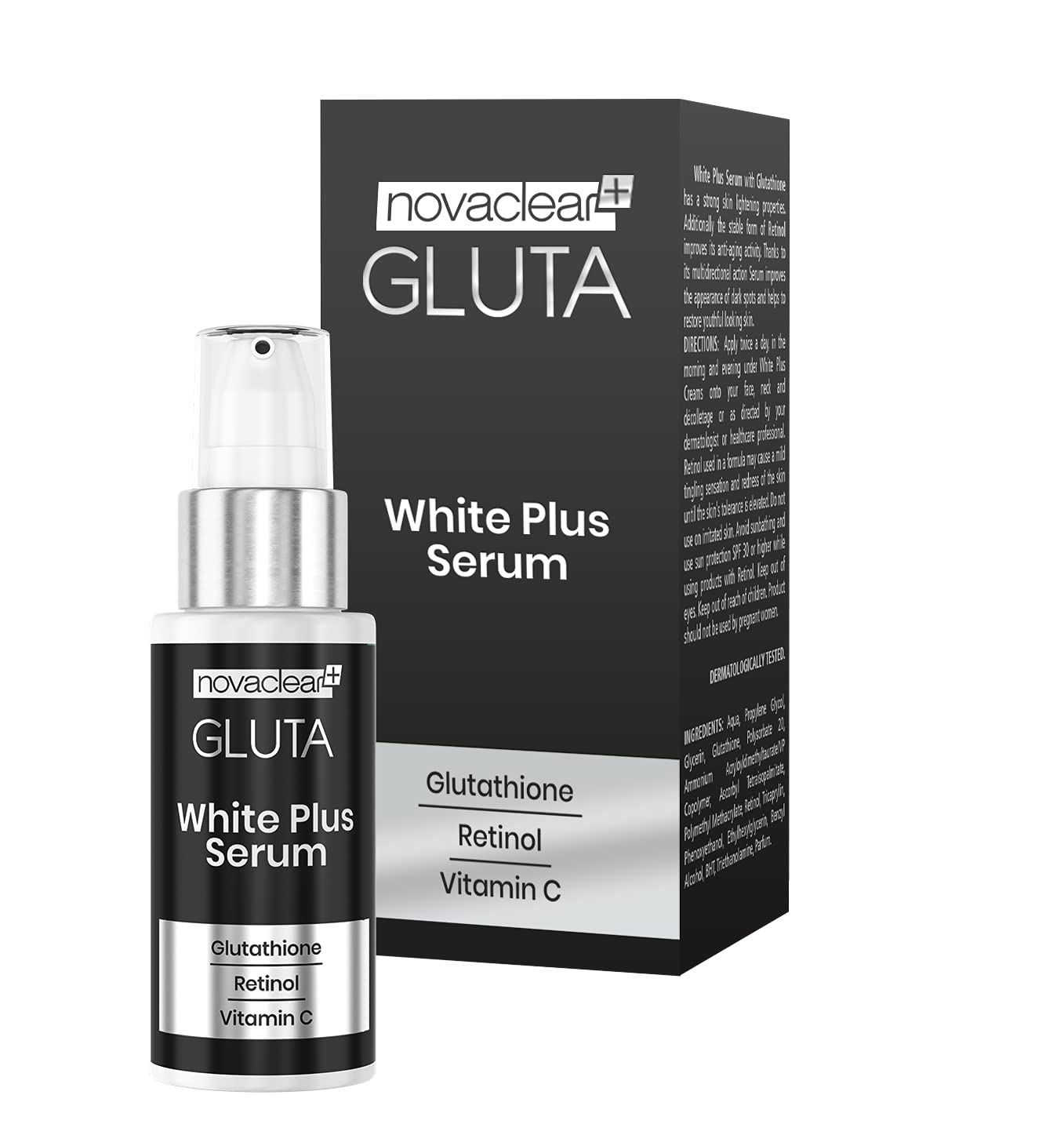Novaclear Gluta White Plus Serum with Glutathione, Retinol and Vitamin C, for Skin Brightening/Reduce Wrinkle/Flawless Skin/Daily Care/Soft Skin/Natural Glow strong skin lightening properties.