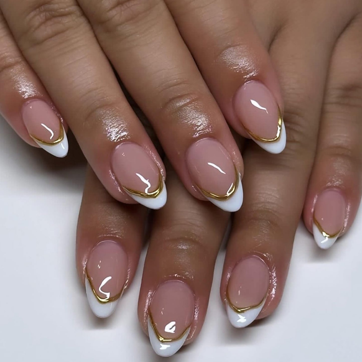 Ceboic Almond False Nails Medium, 24Pcs French White Tip Press on Nails Nude Pink Fake Nails with 3D Gold Stripe Design, Natural Glue on Nails Full Cover Acrylic Oval Stick on Nails for Women Girls