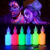 LOPHE UV Body Painting Set, 6 Pcs 30ML Ultraviolet Glow Face Paint with UV Lamp, UV Glowing Neon Liquid Face Painting, Non Toxic Face Body Paint for Carnival Halloween Cosplay Art Paint, Light Color