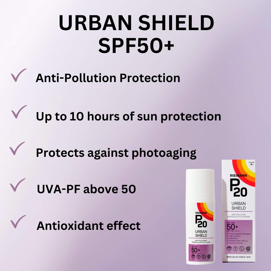 RIEMANN P20 Urban Shield SPF50+ FACE 50g UV Protection Cream, Anti-Pollution, Up To 10 Hours Protection, High Performance UVA-PF Protection Securing Skin Against Future Damage