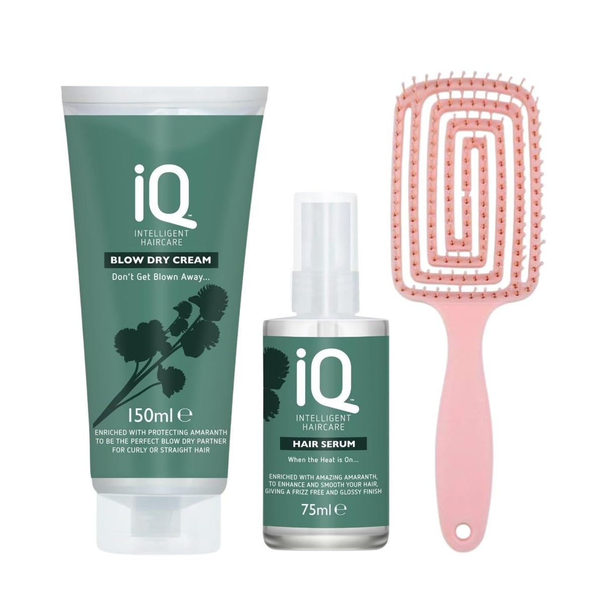 DCF Success IQ Haircare Essentials - IQ Hair Serum (75ml) for Nourishing Hydration, IQ Intelligent Blow Dry Cream (150ml) for Professional-Grade Styling, and a Detangling Hair Brush for Smooth, Tangle-Free Hair